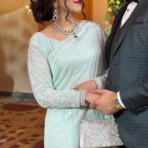 Custom Mint Green predraped Lehenga Sari. crystals and pearl beads. Worn once.